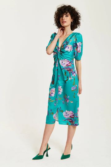 Green Floral Knot Front Midi Dress Liquorish